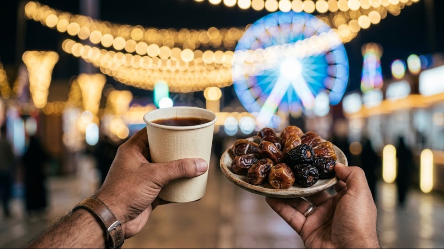 Hands holding a cup of Saudi coffee and a plate of dates at a night festival with a Ferris wheel behind
