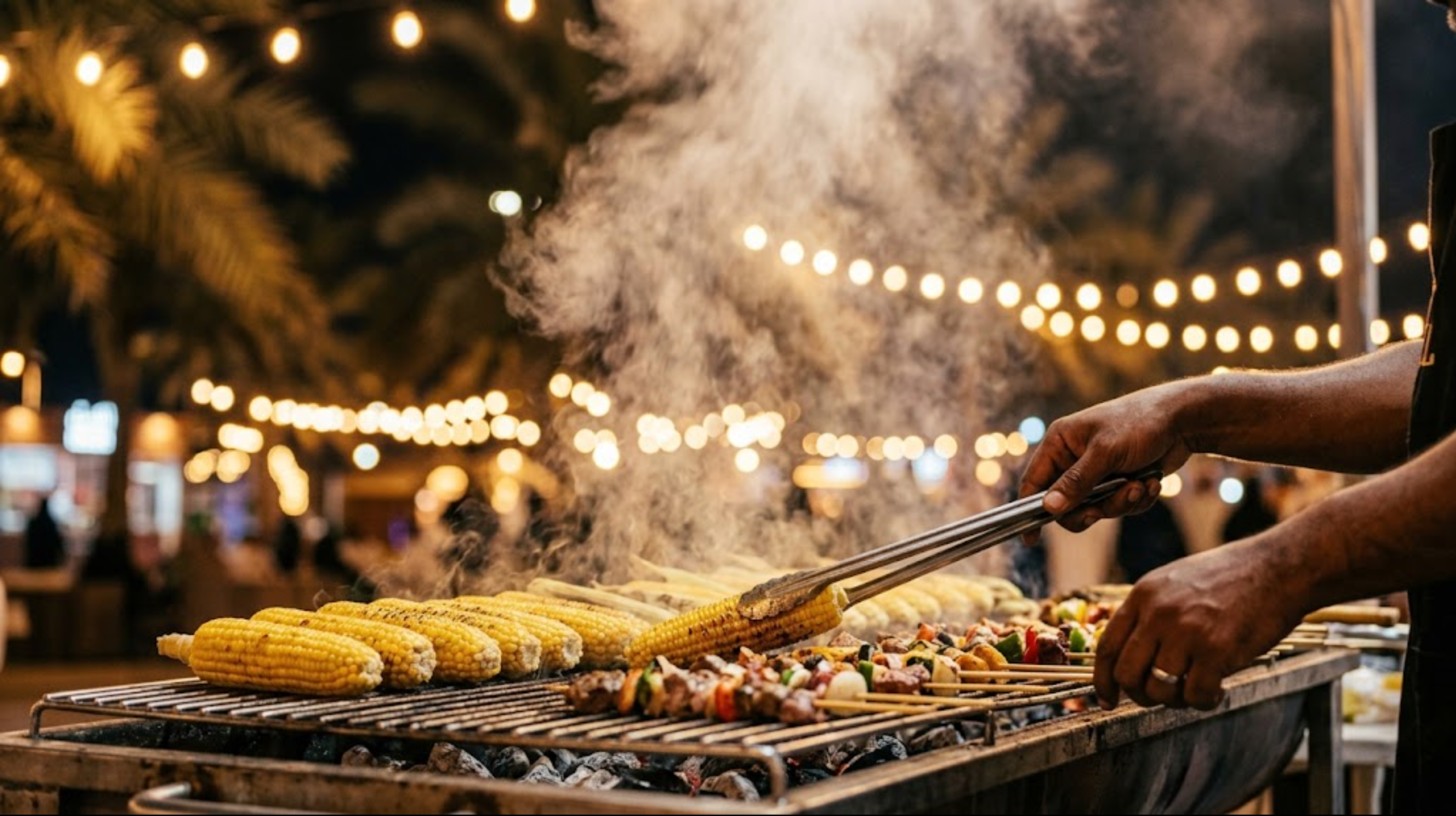 Corn and skewers on a smoky grill at a Riyadh Season food stall at night