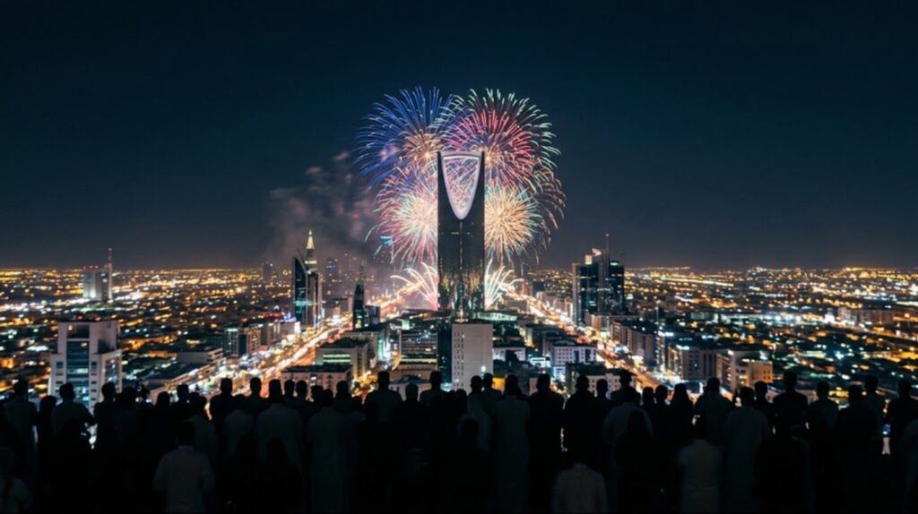 Fireworks over the Kingdom Centre tower and Riyadh skyline at night, with a crowd in silhouette