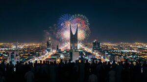 Fireworks over the Kingdom Centre tower and Riyadh skyline at night, with a crowd in silhouette