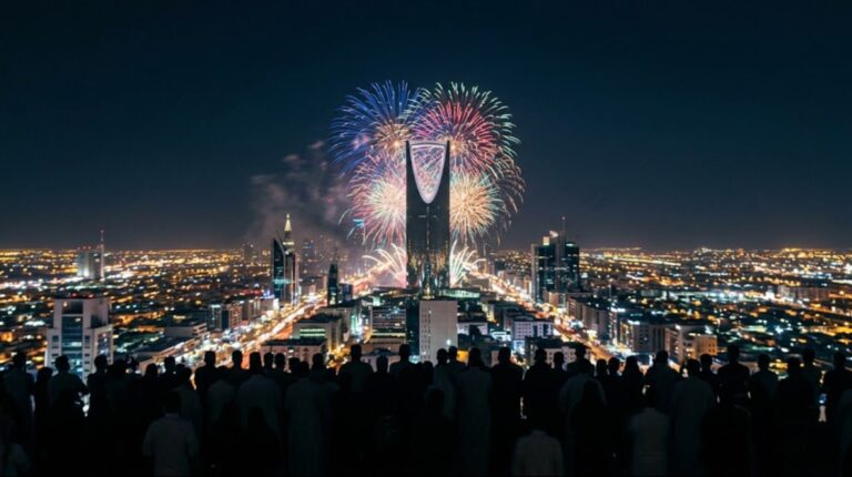 Fireworks over the Kingdom Centre tower and Riyadh skyline at night, with a crowd in silhouette
